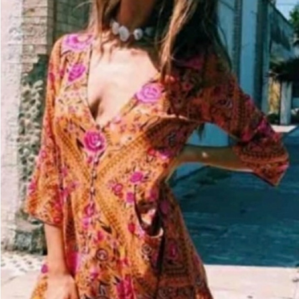 Spell designs babushka amber Floral Bohemian Dress with Pink Accents large